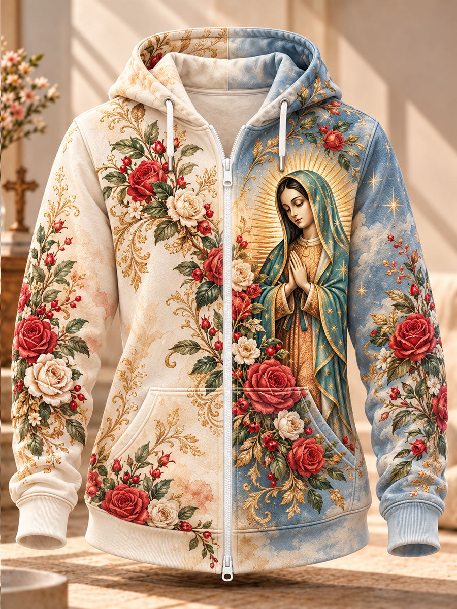 Sudadera con capucha y cierre estampada con arte de la Fiesta de Nuestra Señora de Guadalupe para mujer