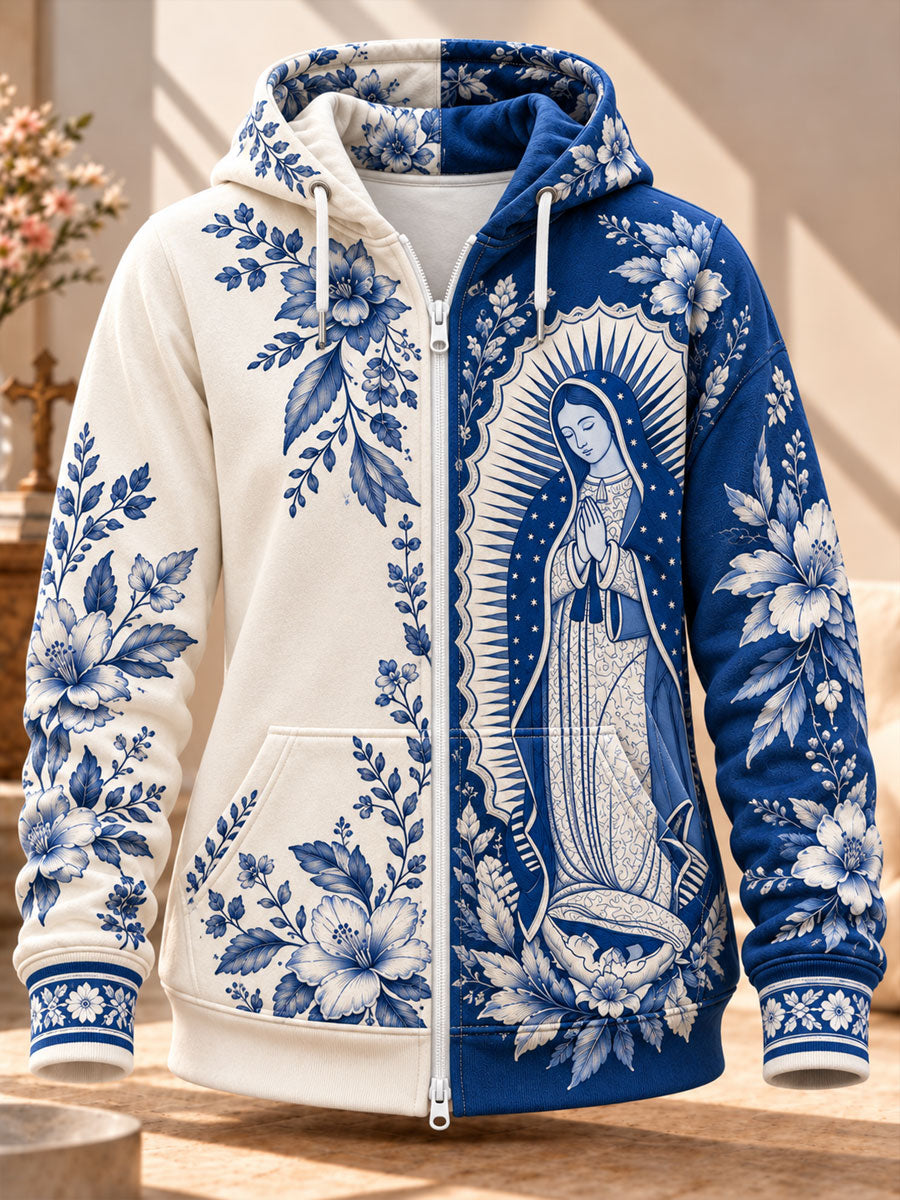 Sudadera con capucha y cierre estampada con arte de la Fiesta de Nuestra Señora de Guadalupe para mujer