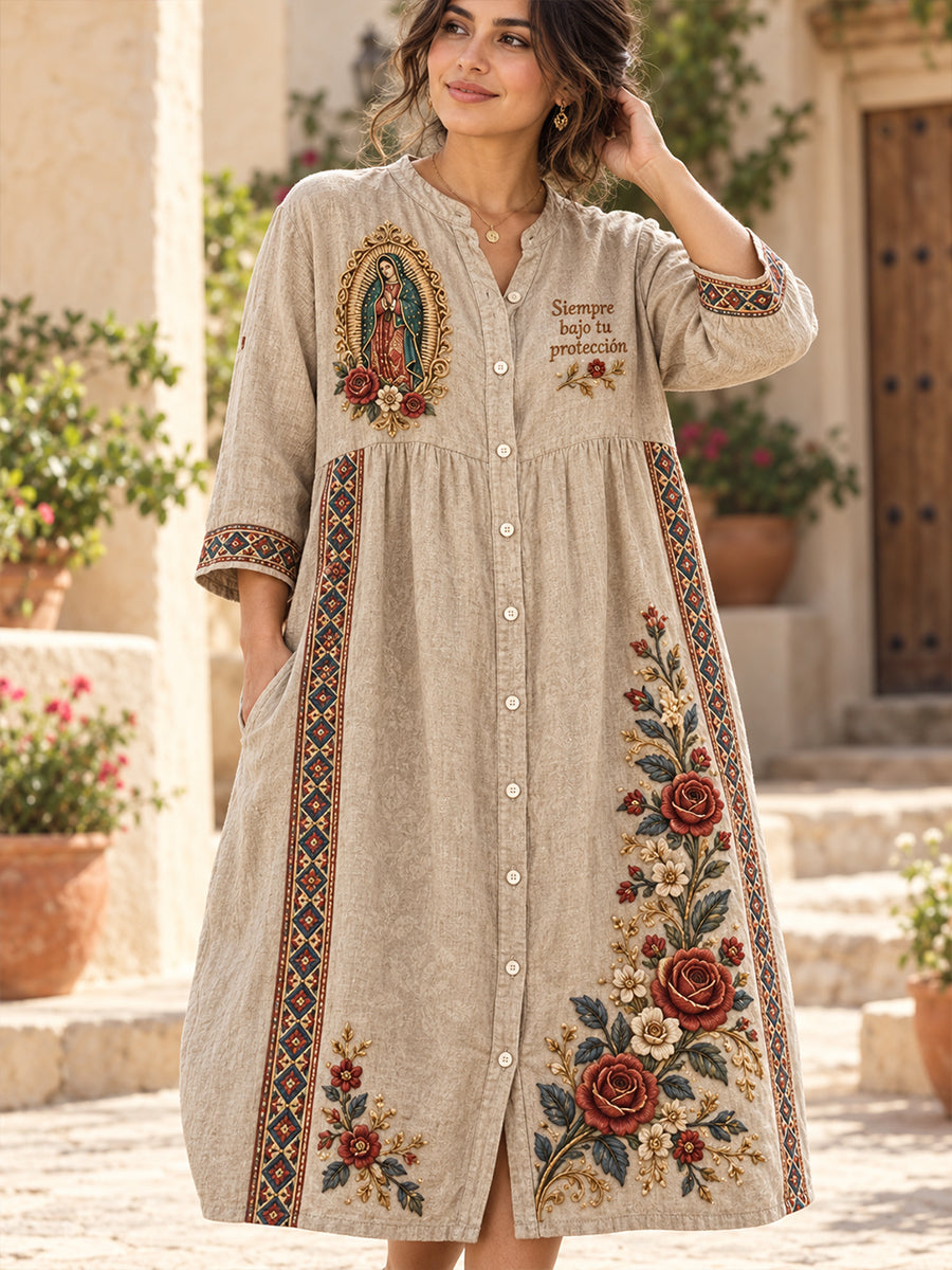 Vestido casual de algodón-lino con estampado artístico mexicano de la Fiesta de Nuestra Señora de Guadalupe para mujer