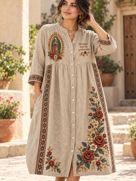 Vestido casual de algodón-lino con estampado artístico mexicano de la Fiesta de Nuestra Señora de Guadalupe para mujer