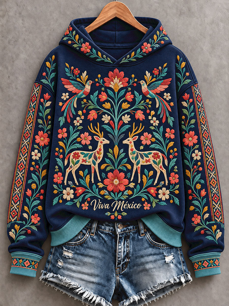 Sudadera con capucha estampada de arte folclórico mexicano para mujer
