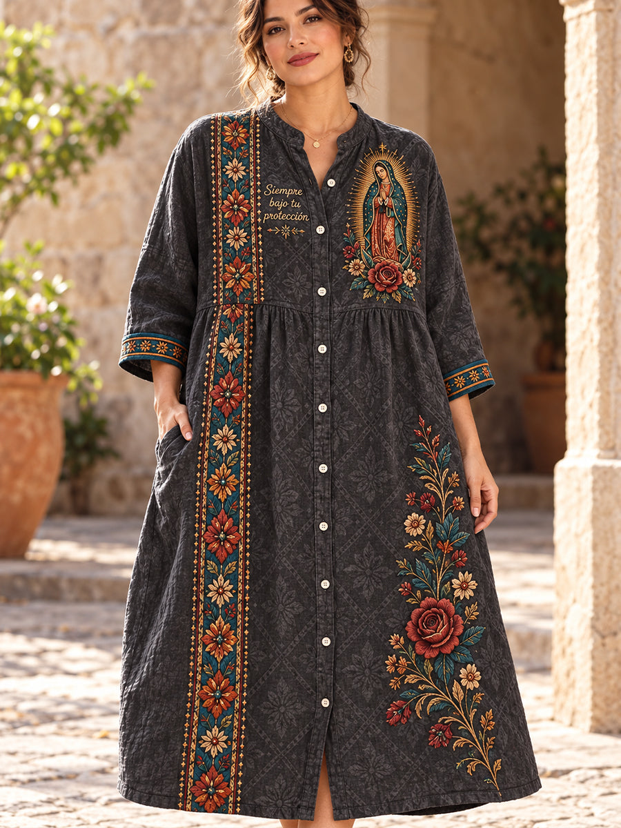 Vestido casual de algodón y lino con estampado mexicano de la Fiesta de Nuestra Señora de Guadalupe para mujer