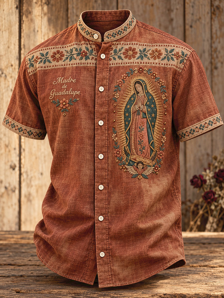 Camisa estampada con arte de la Virgen de Guadalupe para hombre, diseño mexicano