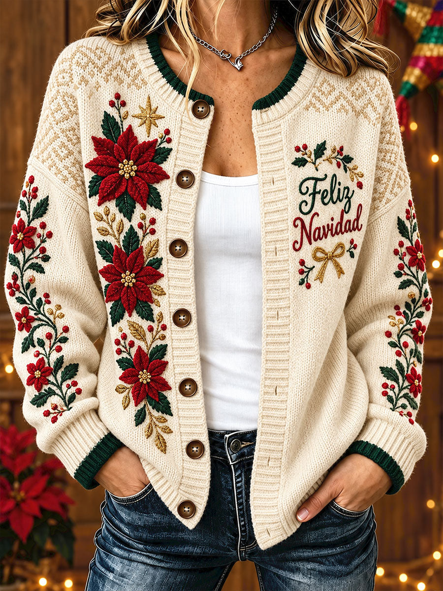 México Navidad Feliz Navidad Art Printed Cardigan-Style Knit Jacket para mujer