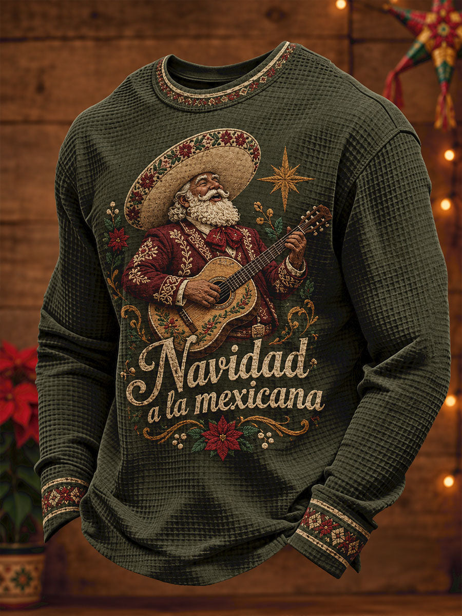 Sudadera de waffle estampada con diseño navideño mexicano y la frase "Feliz Navidad" para hombre