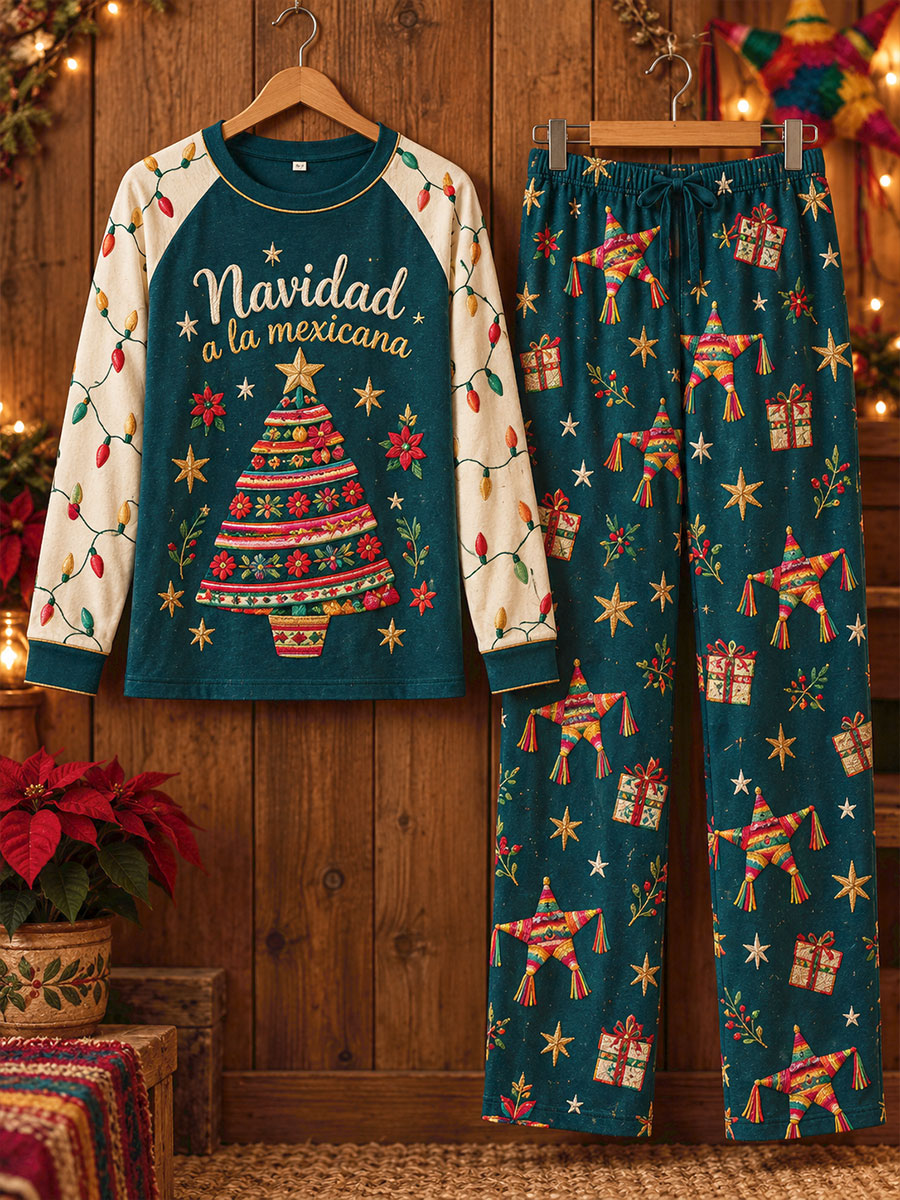 Conjuntos de pijamas estampados con diseño navideño mexicano "Feliz Navidad" para mujer