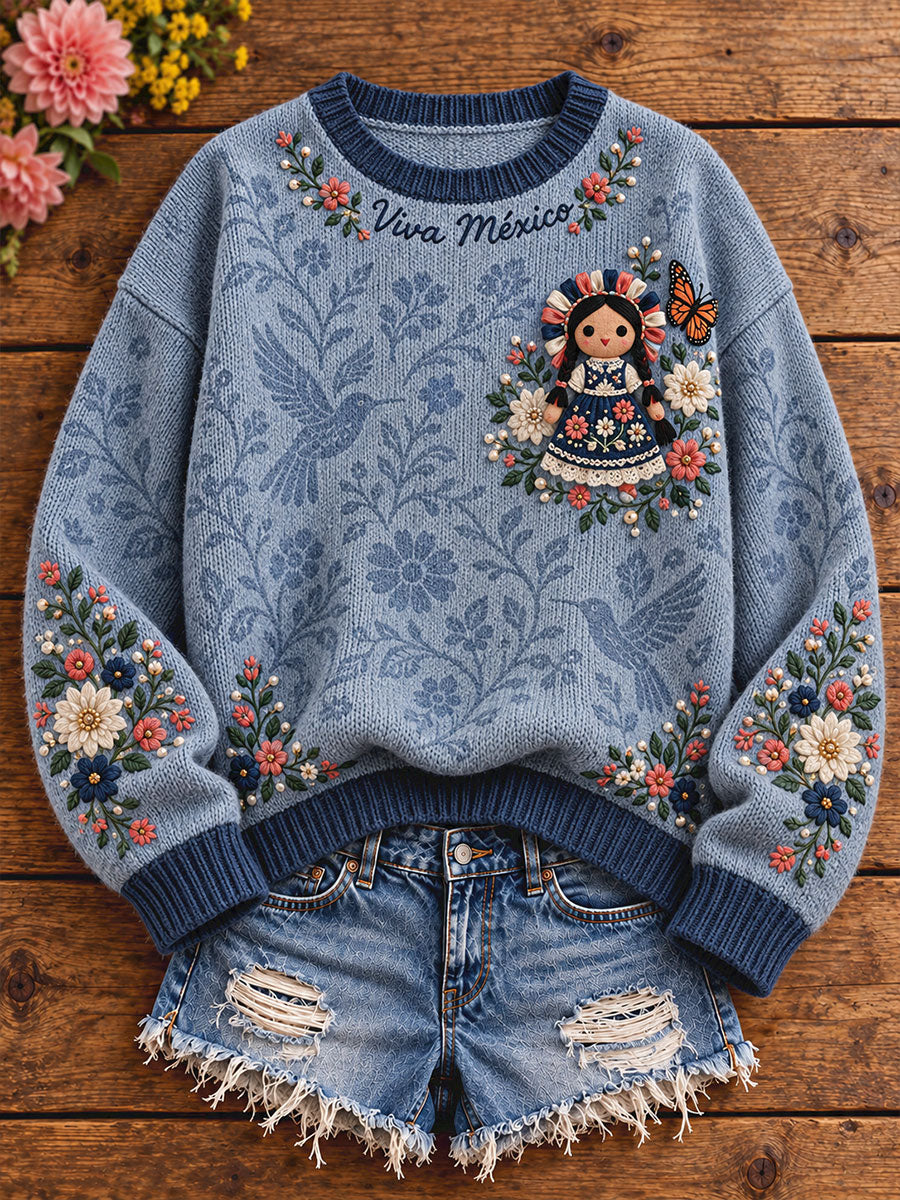 Suéter estampado con motivos de la cultura popular mexicana para mujer