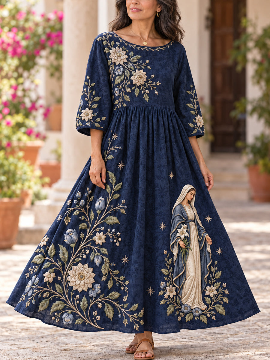 Fiesta de las mujeres de Nuestra Señora de Guadalupe México Imprimir cuello redondo manga larga vestido de Midi