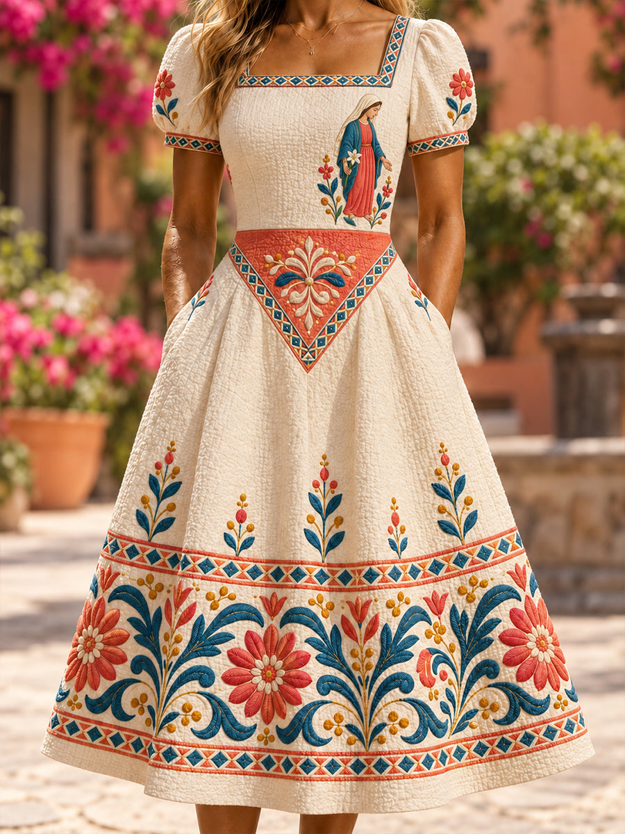 Fiesta de la mujer de Nuestra Señora de Guadalupe México Arte Imprimir V cuello elegante vestido de Midi