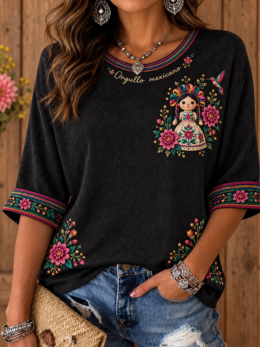 Camiseta estampada de arte popular mexicano para mujer