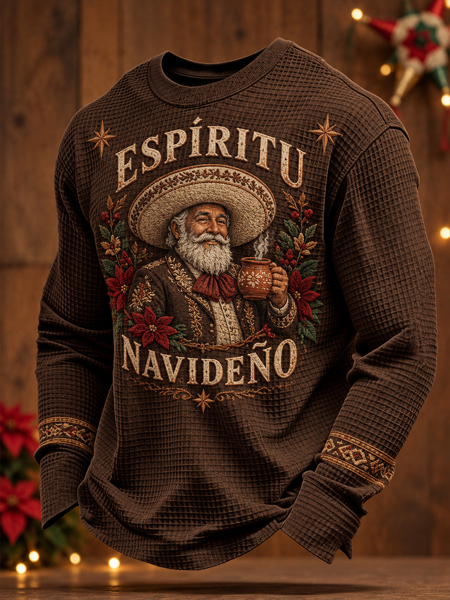 Sudadera de waffle estampada con diseño navideño mexicano y la frase "Feliz Navidad" para hombre