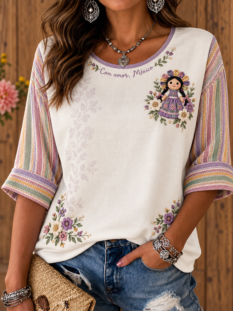 Camiseta estampada de arte popular mexicano para mujer