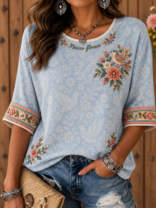 Camiseta estampada de arte popular mexicano para mujer