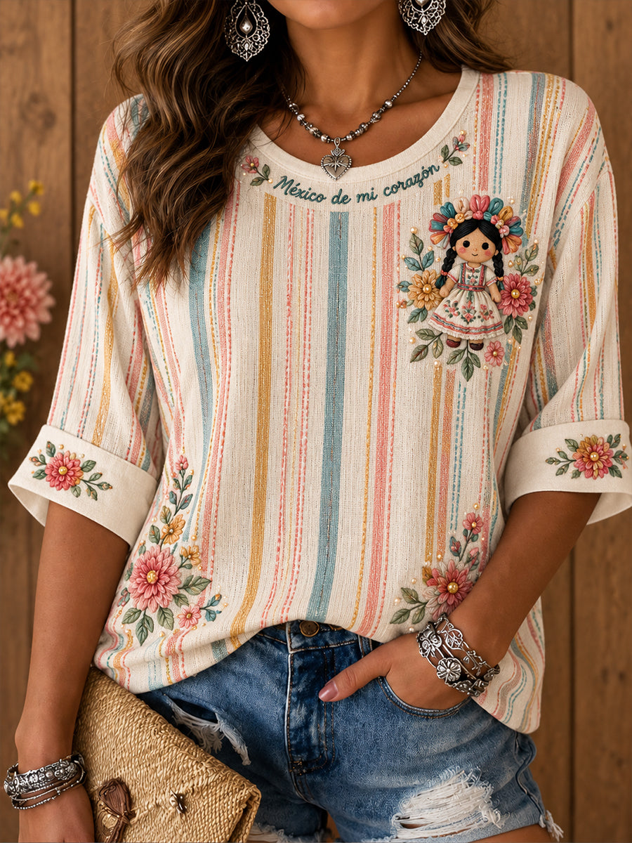 Camiseta estampada México Folk Art para mujer